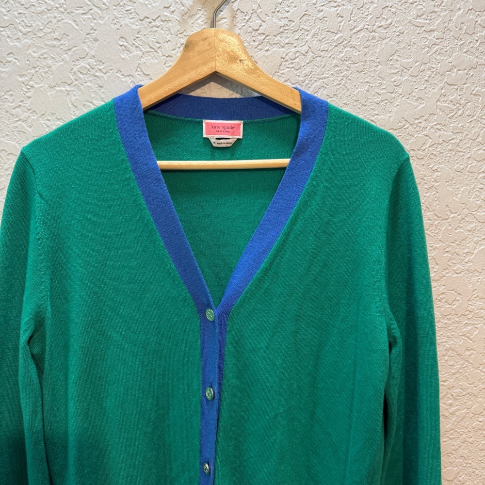 Kate Spade Colorblock Wool Blend Cardigan Medium Green Blue Preppy NJM00244 - Picture 3 of 7
